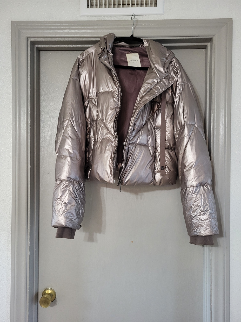 Avec Les Filles Metallic Taupe Cropped Puffer Jacket